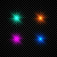 Light effect of lens flares. Set of four green, orange, purple and blue glowing lights starburst effects with sparkles on a dark background. Vector illustration