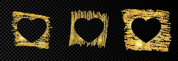 Set of three hearts on golden glittering scribble paint on dark background. Background with gold sparkles and glitter effect. Empty space for your text. Vector illustration