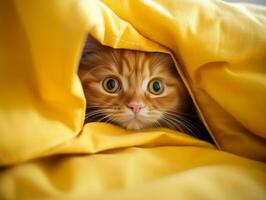 adorable kitten peeking out from behind a curtain AI Generative photo