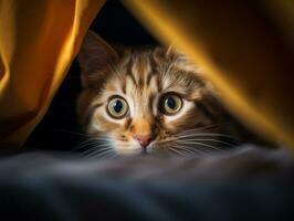 adorable kitten peeking out from behind a curtain AI Generative photo