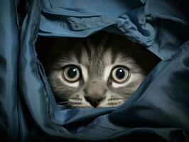adorable kitten peeking out from behind a curtain AI Generative photo