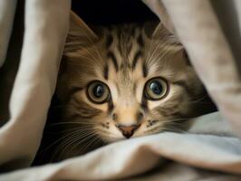 adorable kitten peeking out from behind a curtain AI Generative photo