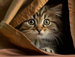 adorable kitten peeking out from behind a curtain AI Generative photo