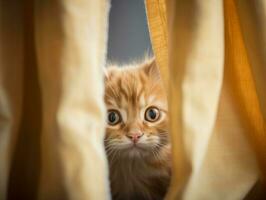 adorable kitten peeking out from behind a curtain AI Generative photo
