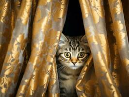adorable kitten peeking out from behind a curtain AI Generative photo
