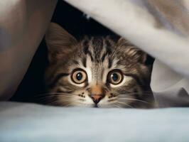 adorable kitten peeking out from behind a curtain AI Generative photo
