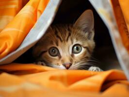 adorable kitten peeking out from behind a curtain AI Generative photo