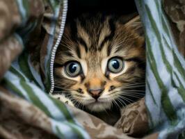 adorable kitten peeking out from behind a curtain AI Generative photo