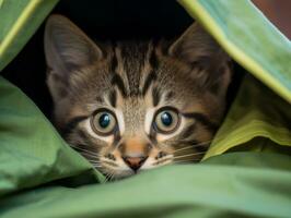 adorable kitten peeking out from behind a curtain AI Generative photo