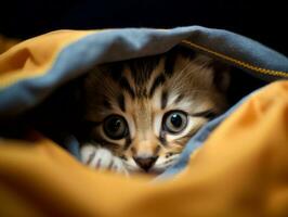 adorable gatito echar un vistazo fuera desde detrás un cortina ai generativo foto