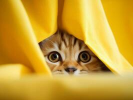 adorable kitten peeking out from behind a curtain AI Generative photo