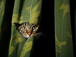 adorable kitten peeking out from behind a curtain AI Generative photo