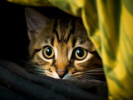 adorable kitten peeking out from behind a curtain AI Generative photo