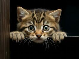 adorable kitten peeking out from behind a curtain AI Generative photo