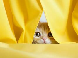 adorable kitten peeking out from behind a curtain AI Generative photo