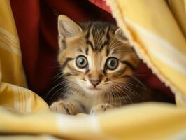 adorable kitten peeking out from behind a curtain AI Generative photo