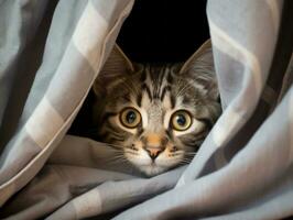 adorable kitten peeking out from behind a curtain AI Generative photo