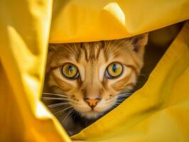 adorable kitten peeking out from behind a curtain AI Generative photo