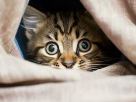 adorable kitten peeking out from behind a curtain AI Generative photo
