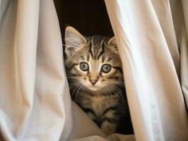 adorable kitten peeking out from behind a curtain AI Generative photo