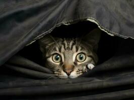adorable kitten peeking out from behind a curtain AI Generative photo