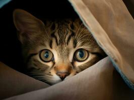 adorable kitten peeking out from behind a curtain AI Generative photo