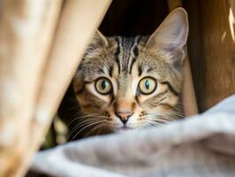 adorable kitten peeking out from behind a curtain AI Generative photo