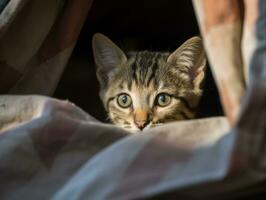 adorable kitten peeking out from behind a curtain AI Generative photo