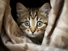 adorable kitten peeking out from behind a curtain AI Generative photo