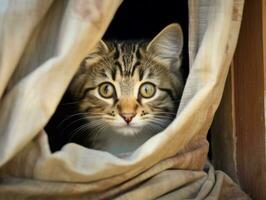 adorable kitten peeking out from behind a curtain AI Generative photo