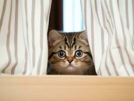 adorable kitten peeking out from behind a curtain AI Generative photo