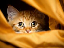 adorable kitten peeking out from behind a curtain AI Generative photo