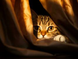 adorable kitten peeking out from behind a curtain AI Generative photo