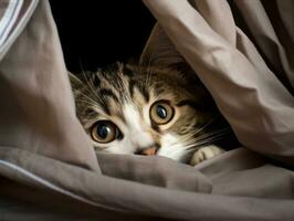 adorable kitten peeking out from behind a curtain AI Generative photo