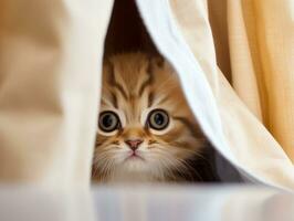 adorable kitten peeking out from behind a curtain AI Generative photo