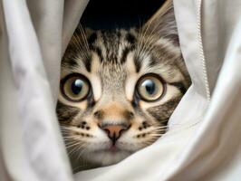 adorable kitten peeking out from behind a curtain AI Generative photo