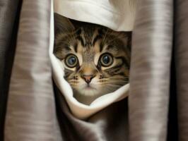 adorable kitten peeking out from behind a curtain AI Generative photo