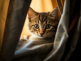 adorable kitten peeking out from behind a curtain AI Generative photo