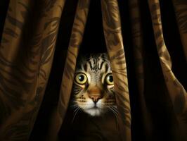 adorable kitten peeking out from behind a curtain AI Generative photo