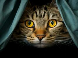 adorable kitten peeking out from behind a curtain AI Generative photo