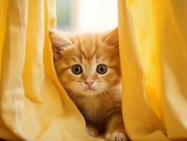 adorable kitten peeking out from behind a curtain AI Generative photo