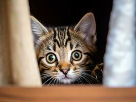 adorable kitten peeking out from behind a curtain AI Generative photo