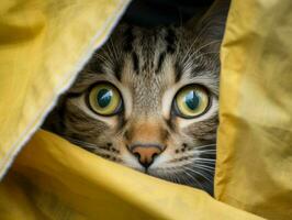 adorable kitten peeking out from behind a curtain AI Generative photo
