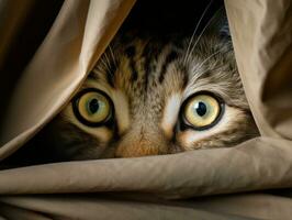 adorable kitten peeking out from behind a curtain AI Generative photo