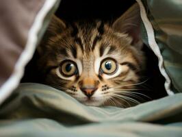 adorable kitten peeking out from behind a curtain AI Generative photo