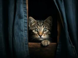 adorable kitten peeking out from behind a curtain AI Generative photo