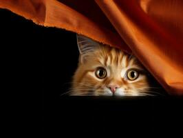 adorable kitten peeking out from behind a curtain AI Generative photo