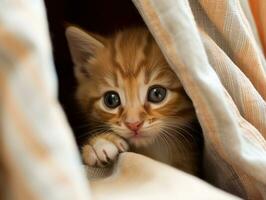 adorable kitten peeking out from behind a curtain AI Generative photo