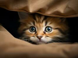 adorable kitten peeking out from behind a curtain AI Generative photo