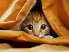 adorable kitten peeking out from behind a curtain AI Generative photo
